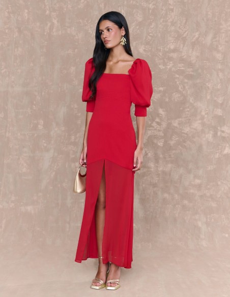 Robe midi en mousseline de soie rouge avec manches françaises