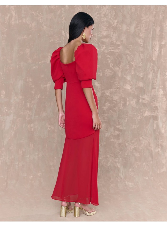 Vestido midi de gasa rojo con manga francesa