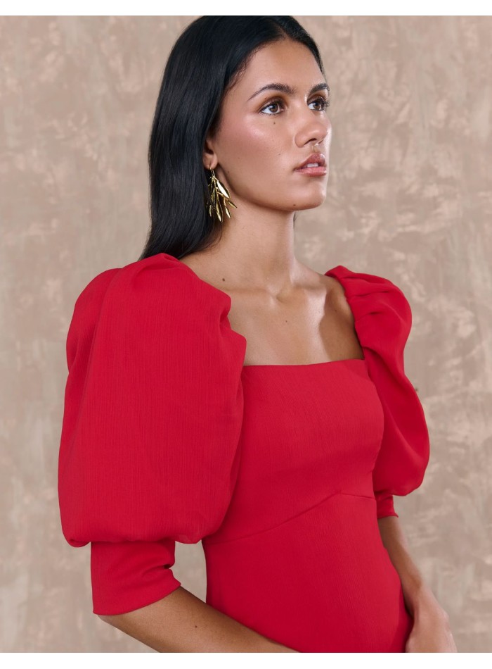 Vestido midi de gasa rojo con manga francesa