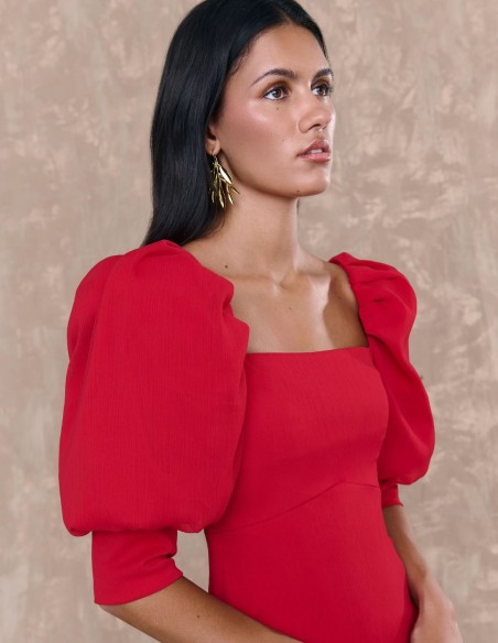 Red chiffon midi dress with French sleeves