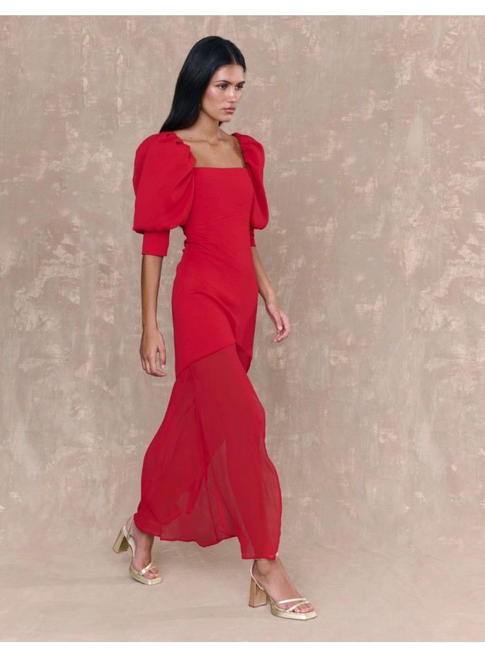Red chiffon midi dress with French sleeves