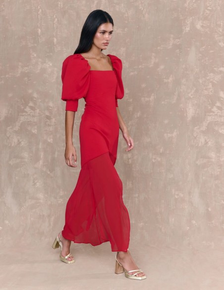 Red chiffon midi dress with French sleeves