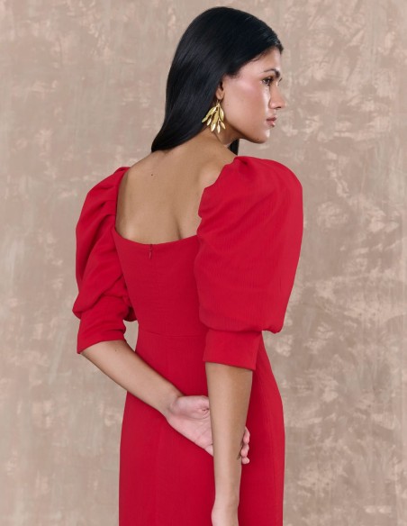 Red chiffon midi dress with French sleeves