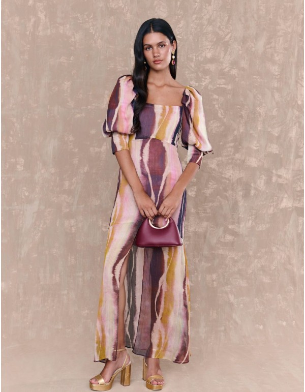 Vestido largo multicolor con escote cuadrado y manga francesa abullonada