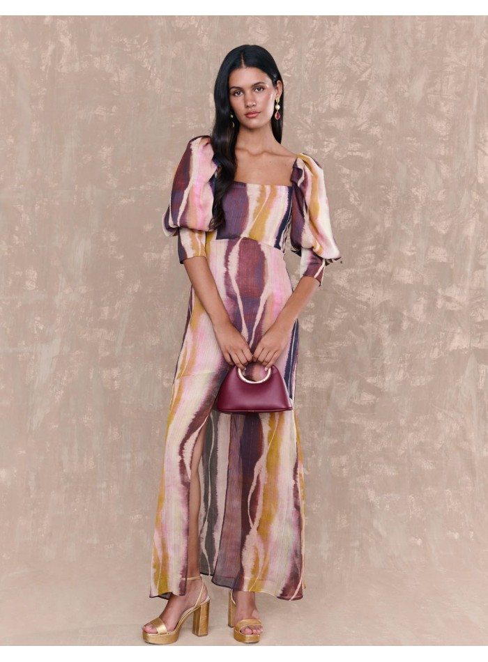 Vestido largo multicolor con escote cuadrado y manga francesa abullonada