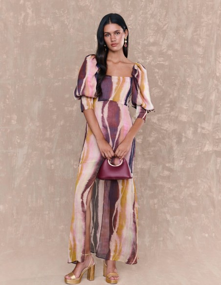 Multicolor long dress with square neckline and puffed French sleeves
