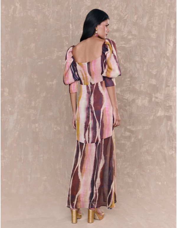 Robe longue multicolore à encolure carrée et manches... 2