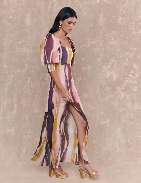 Multicolor long dress with square neckline and puffed French sleeves