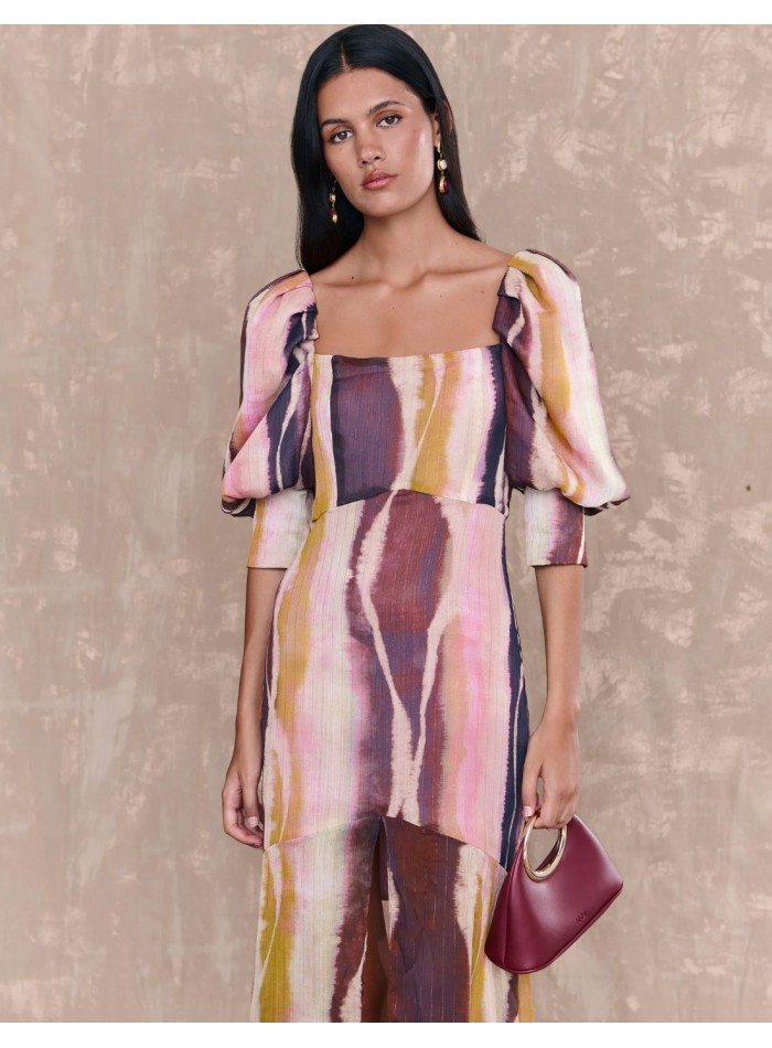 Robe longue multicolore à encolure carrée et...