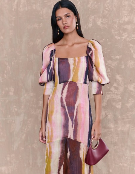 Multicolor long dress with square neckline and puffed French sleeves