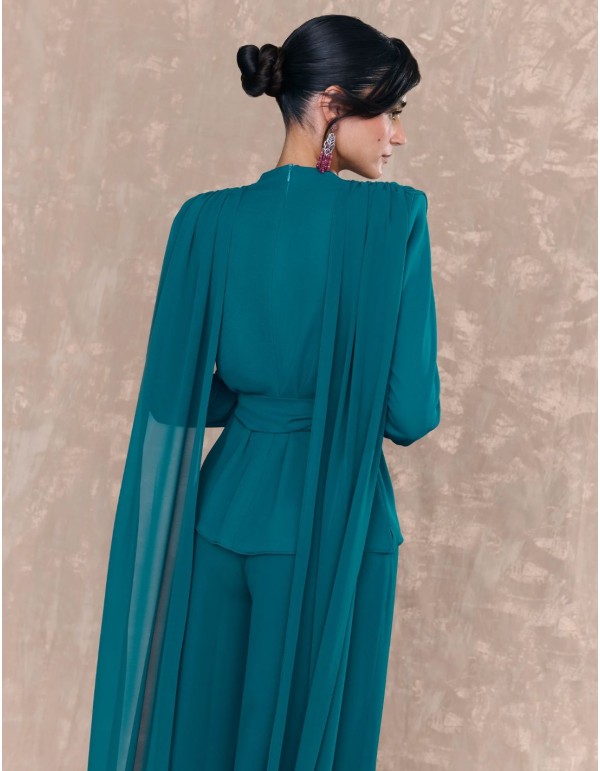 Chemisier drapé et ceinturé de couleur pétrole 2