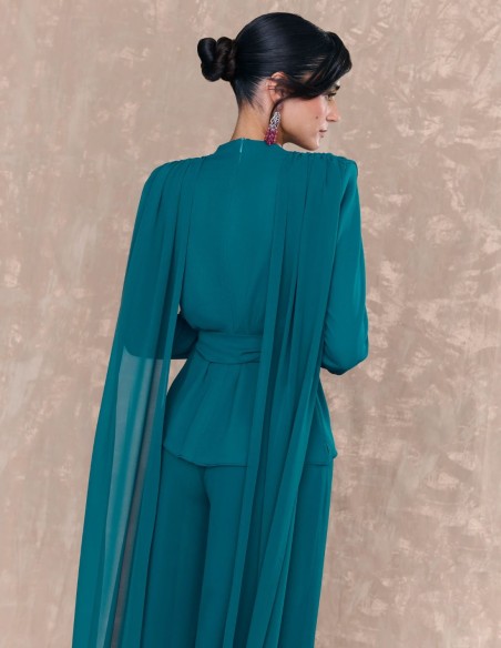 Draped blouse with petroleum colored waist belt