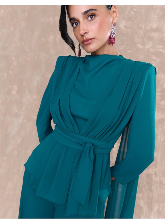 Draped blouse with petroleum colored waist belt