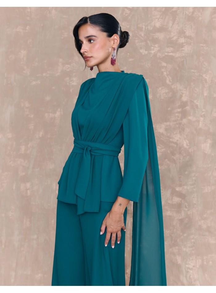 Draped blouse with petroleum colored waist belt