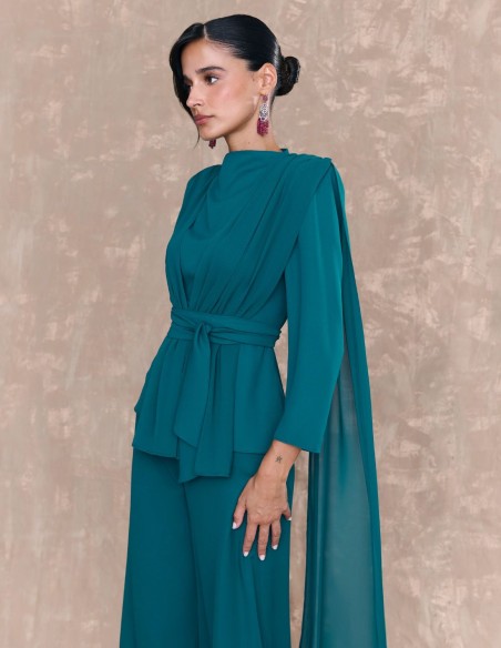 Draped blouse with petroleum colored waist belt