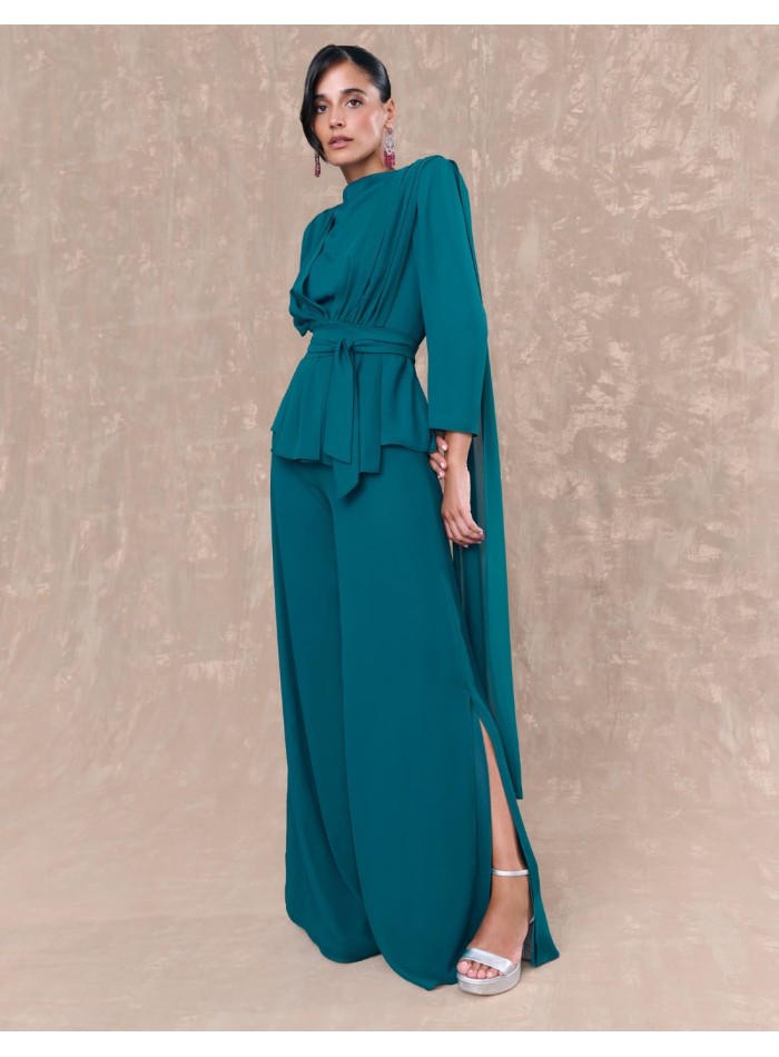 Draped blouse with petroleum colored waist belt