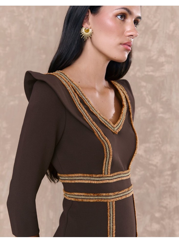 Midi dress with French sleeves and trimming motifs