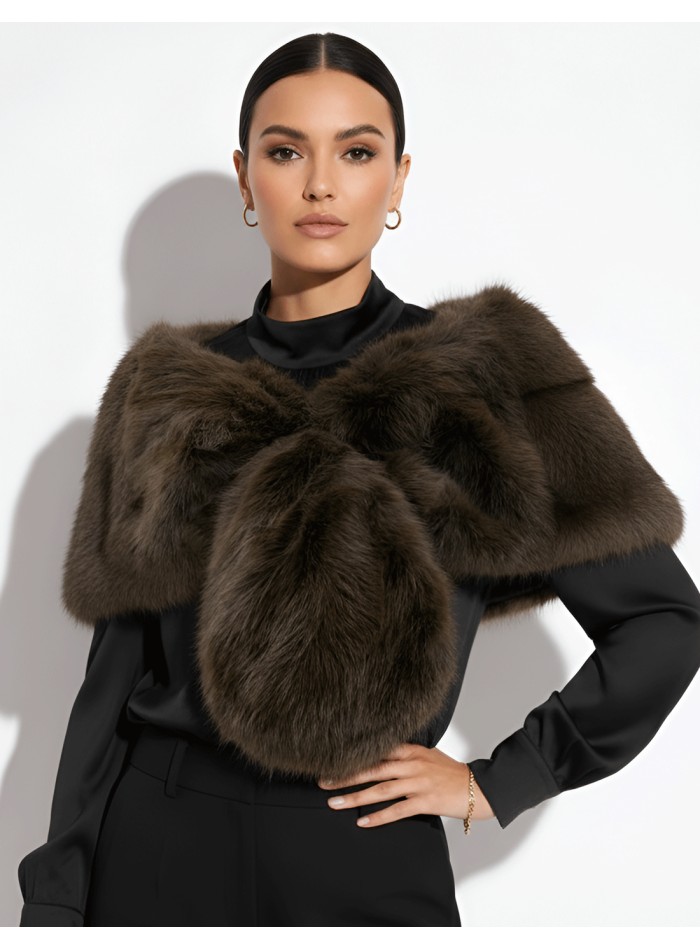 Brown short faux fur wrap for wedding guests