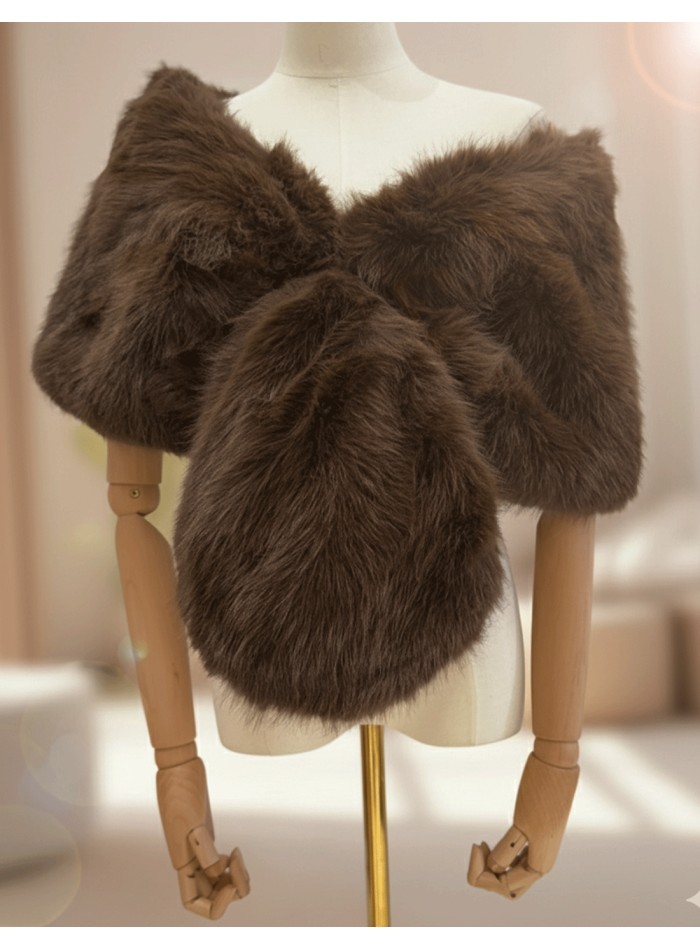 Brown short faux fur wrap for wedding guests