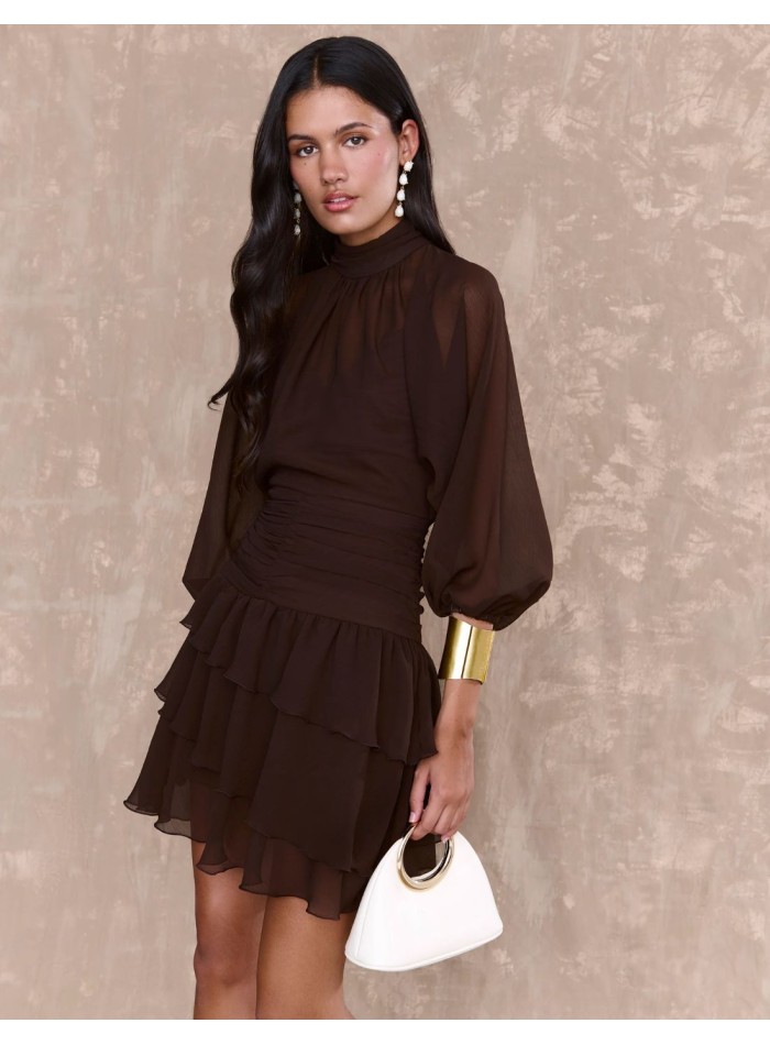 Robe courte en mousseline de soie brune avec...