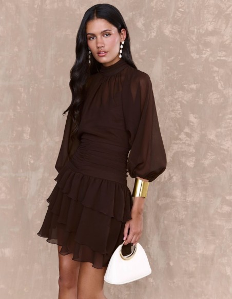 Short dress in brown chiffon with draped sash and ruffles