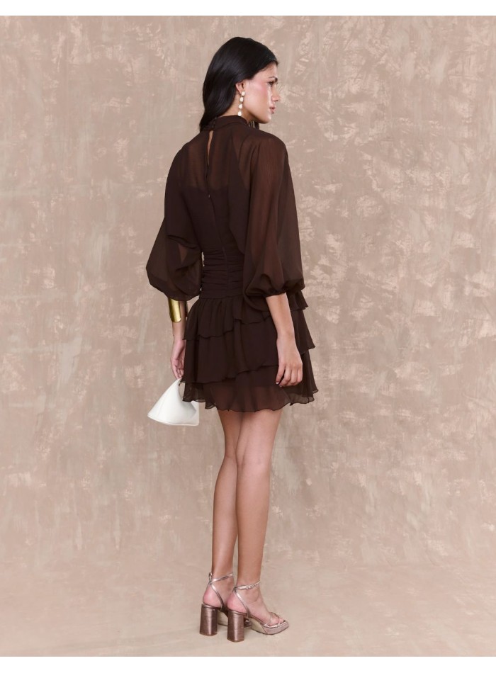 Short dress in brown chiffon with draped sash...