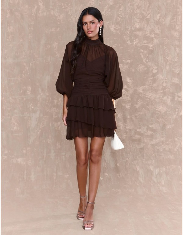 Short dress in brown chiffon with draped sash and ruffles