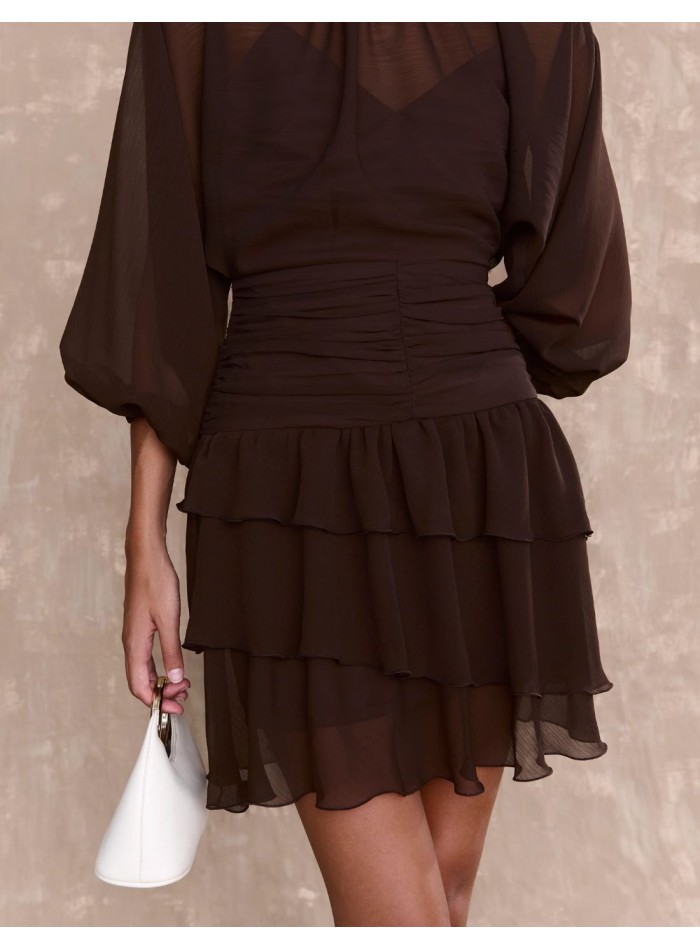 Short dress in brown chiffon with draped sash...