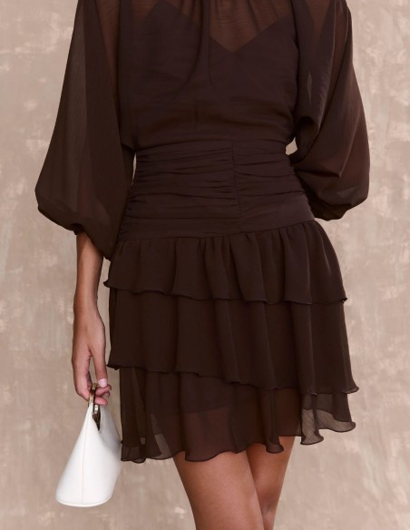 Short dress in brown chiffon with draped sash and ruffles