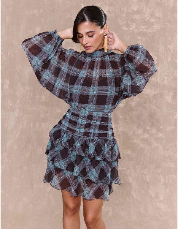 Short dress in checkered printed chiffon with draped sash... 2