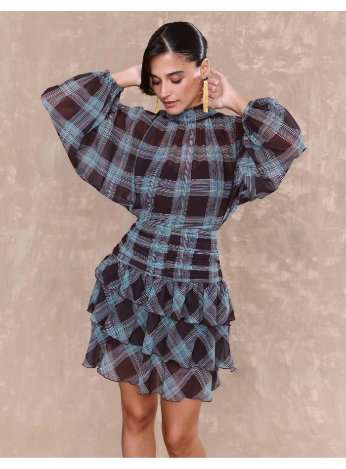 Robe courte en mousseline de soie imprimée à...