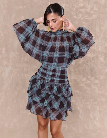 Short dress in checkered printed chiffon with draped sash and ruffles