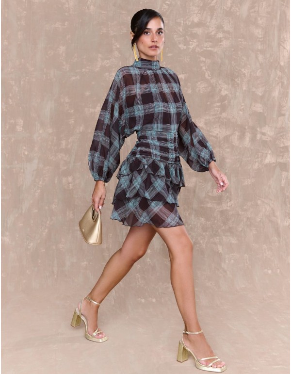 Short dress in checkered printed chiffon with draped sash...