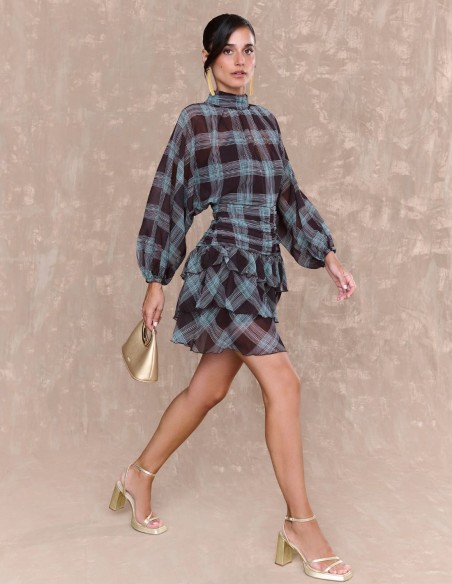 Short dress in checkered printed chiffon with draped sash and ruffles