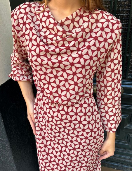 Robe midi en mousseline imprimée dans les tons bordeaux