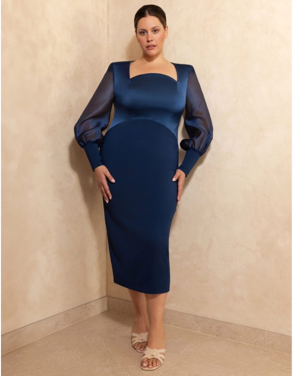 Crepe satin midi dress with box neckline and puffed sleeves