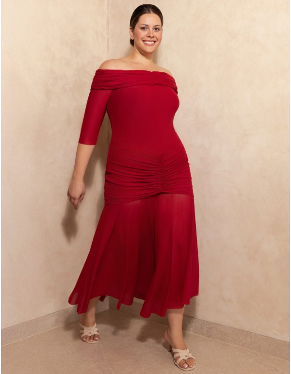 Robe midi à encolure bardot et drapée à la taille