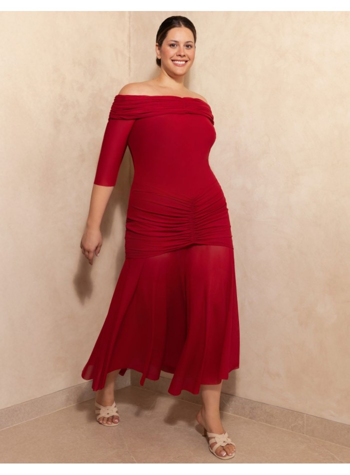 Robe midi à encolure bardot et drapée à la taille