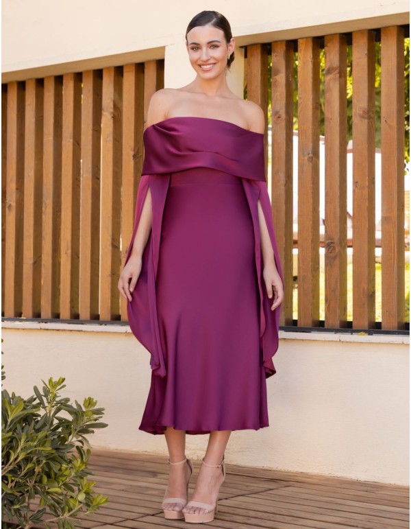 Satin bardot neckline midi dress with dropped sleeves