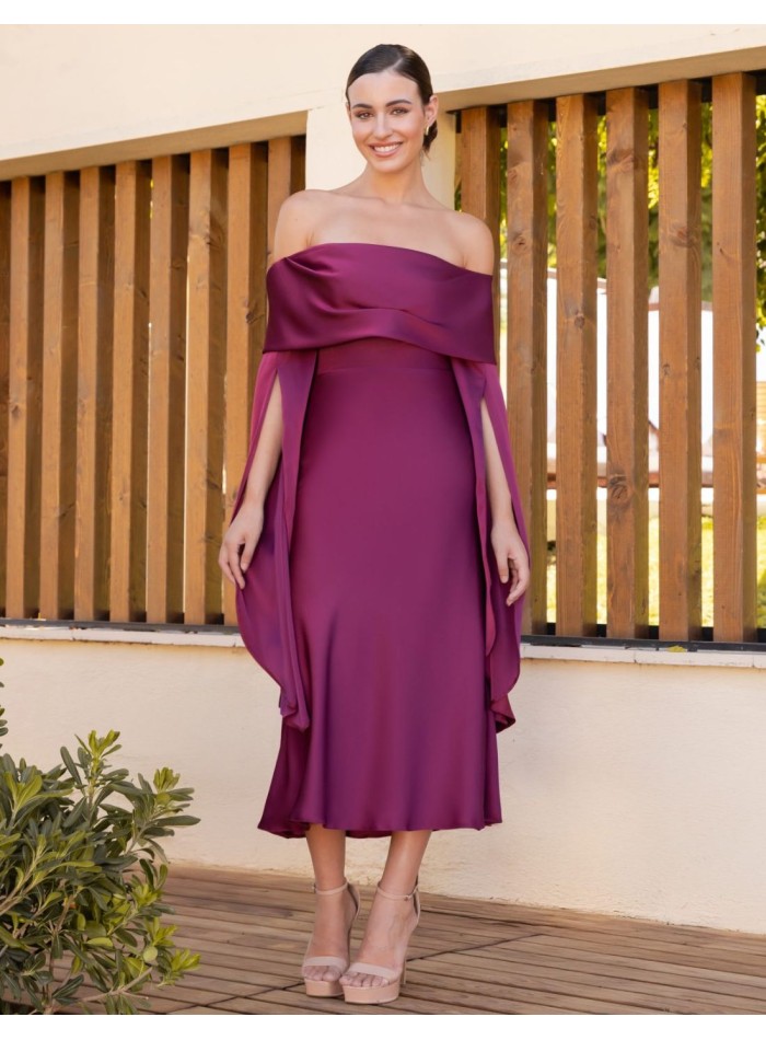 Satin bardot neckline midi dress with dropped...