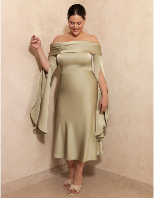 Vestido midi escote bardot con mangas caídas