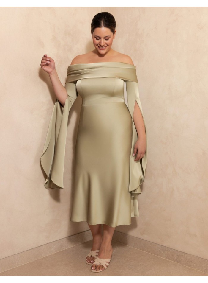 Vestido midi escote bardot con mangas caídas