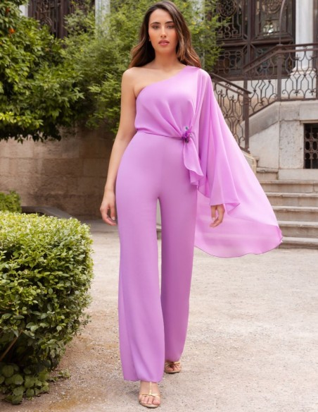 Mauve party jumpsuit with asymmetrical neckline and cape