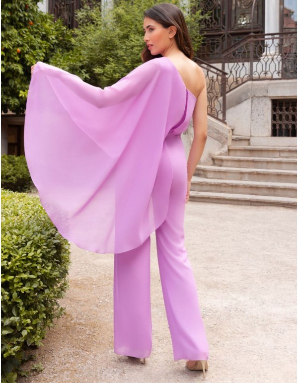 Mauve party jumpsuit with asymmetrical neckline and cape 2