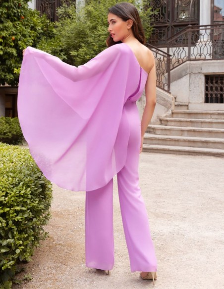 Mauve party jumpsuit with asymmetrical neckline and cape