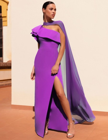 Long dress with asymmetrical neckline and flounce
