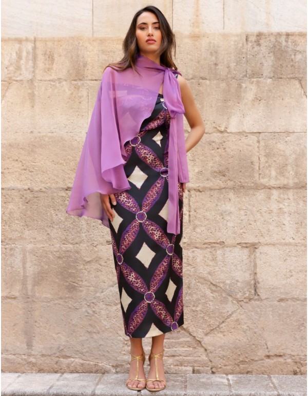 Printed midi dress with asymmetrical neckline