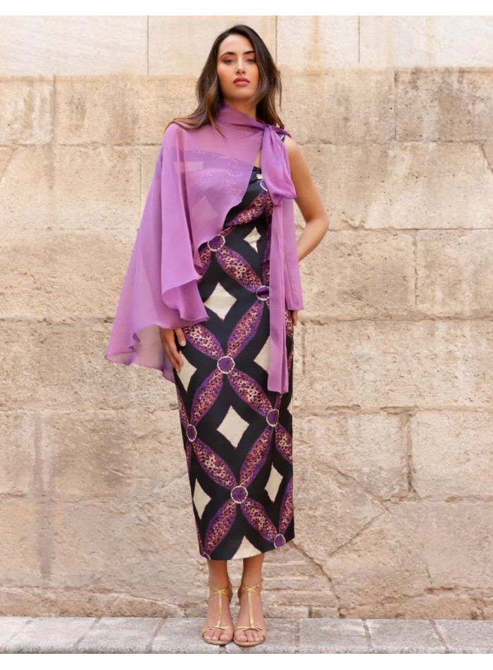 Vestido midi estampado con escote asimétrico