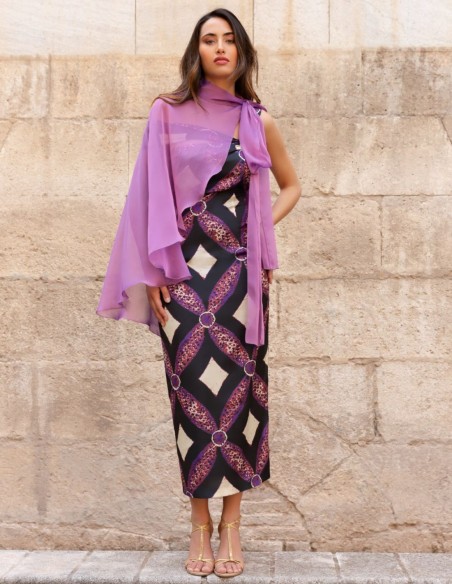 Vestido midi estampado con escote asimétrico