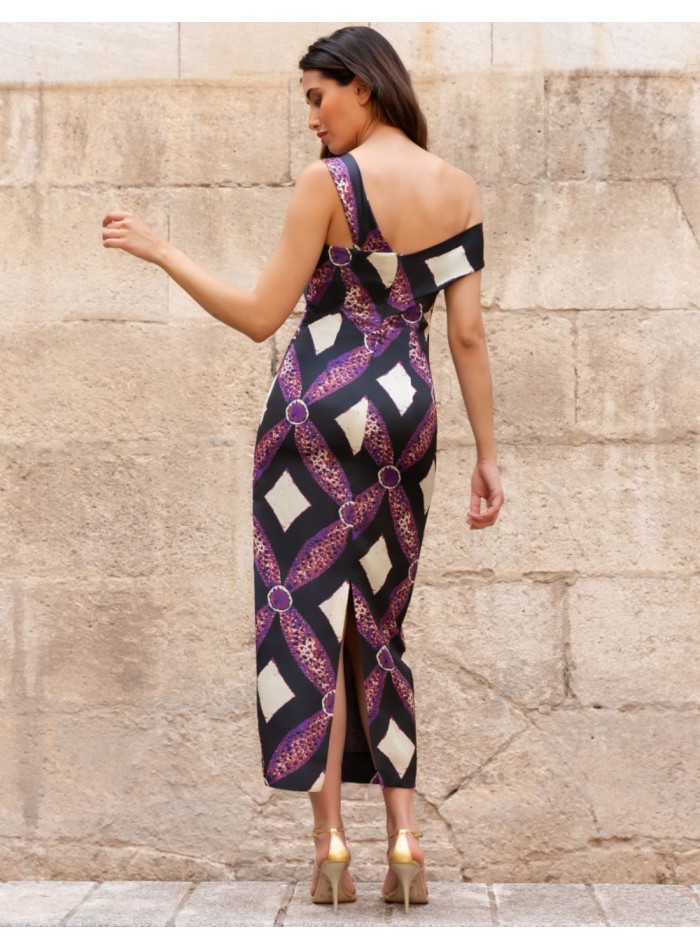 Robe midi imprimée à encolure asymétrique